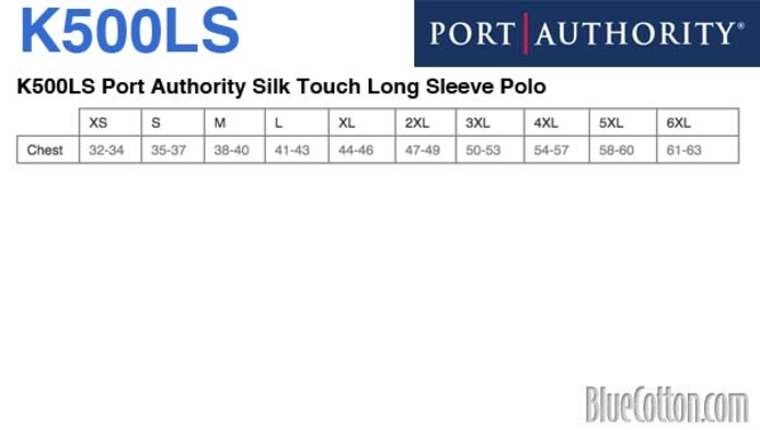 Size chart for a K500LS Port Authority Silk Touch Long Sleeve Polo